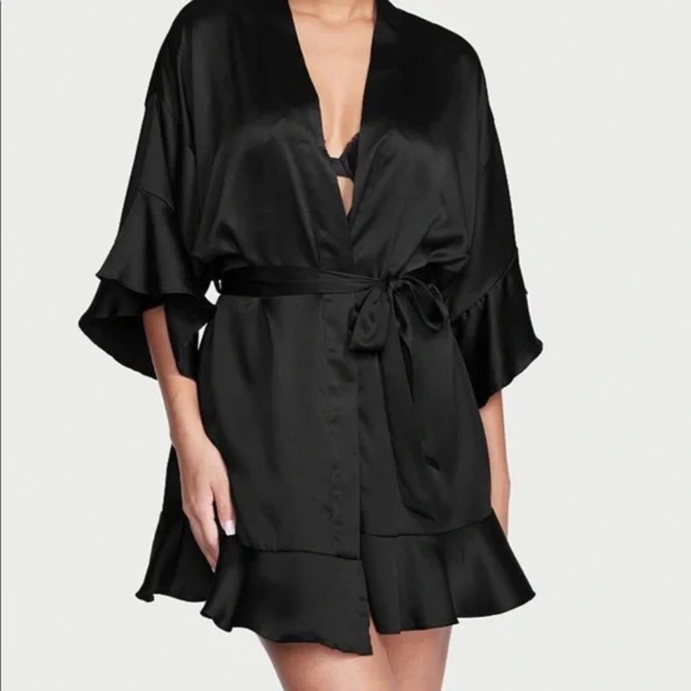 Victoria’s Secret Black Satin Robe – Tie Waist, Flutter Sleeves